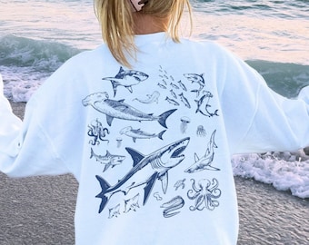 Vintage Tattoo Shark Sweatshirt | Gift For Nature, Sealife, Ocean Lover | Whale Shark/Hammerhead/Great White | Cute Oversized Beach Pullover