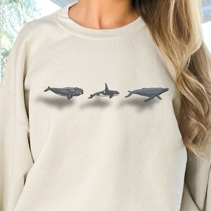 Whale Trio Crewneck Sweatshirt | Right, Orca, Humpback, Killer Whale Sweater | Gift For Marine Biologist, Sea Animal Lover | Unique Jumper