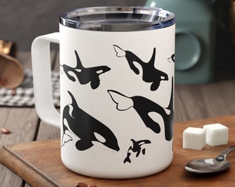 Orca Pod Killer Whale Insulated Beverage Mug | Gift For Nature/Wildlife Lover/Marine Biologist | Unique PNW Sea Animal Coffee/Tea Tumbler