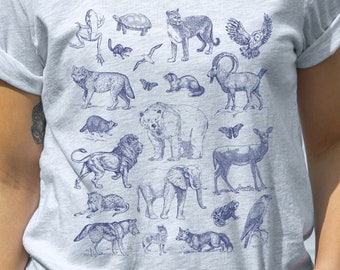 Wild Animals Vintage Collage T Shirt | Gift For Nature/Wildlife/Outdoor Lover | Unique Deer/Bear/Wolf/Turtle/Bird/Squirrel/Racoon Tee Shirts