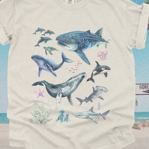 Retro 90s Oceancore Sea Animal TShirt | Unique Marine Biology Tees, Orca Killer Whale Great White Shark, Summer Pool Pullover, Baggy Style T