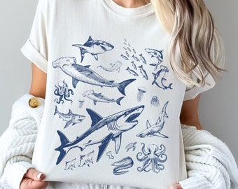 Vintage 90s Tattoo Shark Tshirt | Retro Y2K Gift For Nature Sealife Ocean Lover | Whale Shark/Hammerhead/Great White | Oversized Beach Tee