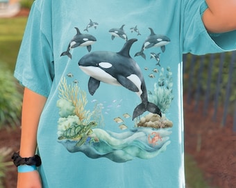 Vintage 90s Orca Pod TShirt | Retro Y2K Ocean Animal Aesthetic, Trendy Cute Boho Killer Whale T-Shirt, Marine Biology Dolphin Baggy Tee Top