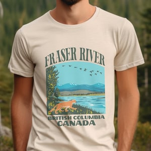 フレーザー川ブリティッシュコロンビアTシャツ | 漁師、自然愛好家へのギフト | カナダお土産Tシャツ | PNW太平洋岸北西部トップ | サーモンフィッシュ