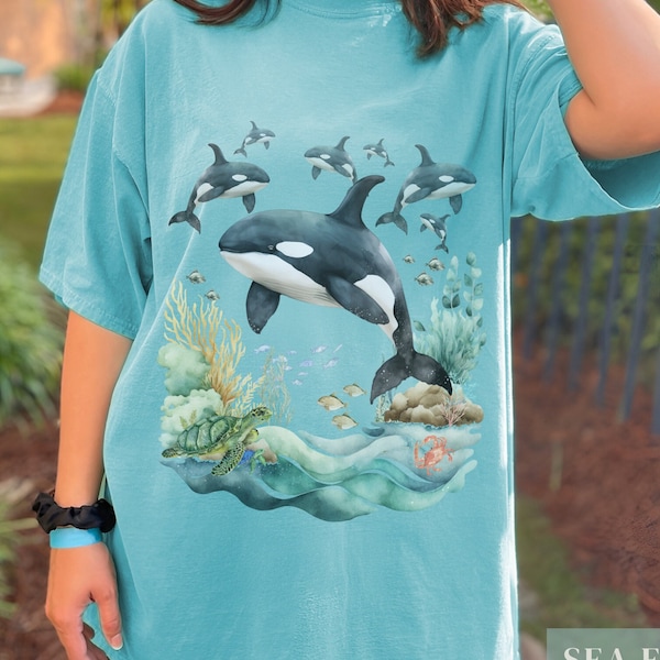 Vintage 90s Orca Pod TShirt | Retro Y2K Ocean Animal Aesthetic, Trendy Cute Boho Killer Whale T-Shirt, Marine Biology Dolphin Baggy Tee Top