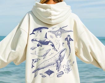 Underwater Sea Animal Vintage Hoodie | Gift For Marine Biologist/Ocean/Sealife/Nature Lover | Oceancore Humpback Orca Jellyfish Pullover