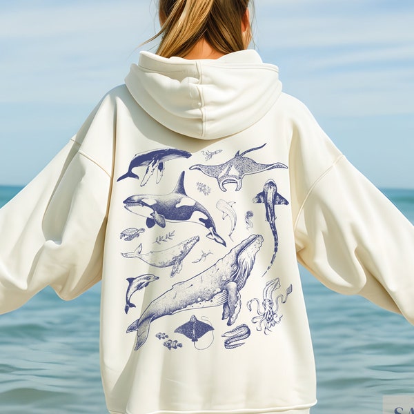 Unterwasser Meerestier Vintage Hoodie | Geschenk für Meeresbiologen / Ozean / Sealife / Naturliebhaber | Tiefseekern Buckelwal Quallen Pullover