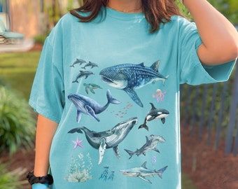 T-shirt de couleurs de confort de baleine d'aquarelle | Cadeau pour la faune, la vie marine, les amoureux de la nature | Conservation des océans | T-shirt surdimensionné à la mode | Orque PNW