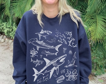 Vintage 90s Tattoo Shark Sweatshirt | Retro Y2K Oceancore Aesthetic | Shark/Sea Animal/Ocean Lover Gifts | Cute Oversized Beach Pullover