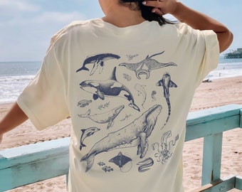 t-shirt vintage tatouage animal marin imprimé au dos | Cadeau pour la nature, la vie marine, l'océan, les baleines, les amoureux de la conservation | Rorqual à bosse/orque/tortue/dauphin