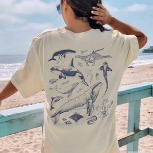 Vintage Tattoo Sea Animal Tshirt Print On Back | Gift For Nature, Sealife, Ocean, Whale, Conservation Lover | Humpback/Orca/Turtle/Dolphin