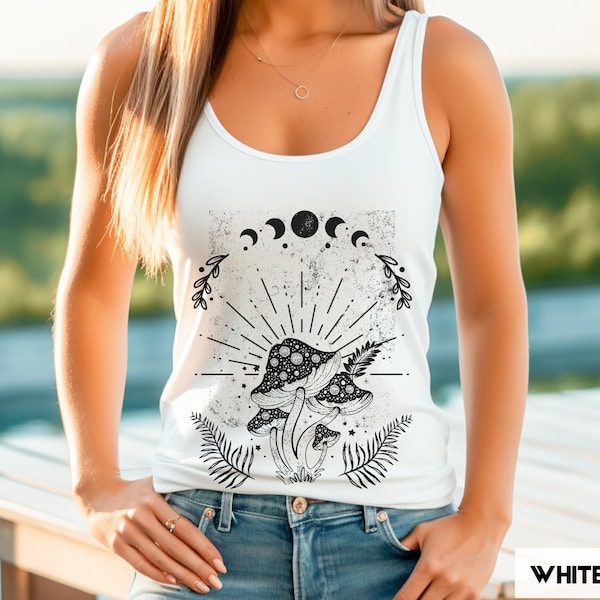 Mushroom And Moon Phase Womens Tank Top | Gift For Hippie, Fungi, Nature, Lover | Celestial, Mystical, Spiritual | Summer Racerback Tanktop