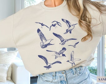Seagull / Seabirds In Flight Crewneck Sweatshirt | Gift For Bird Lover | Minimalist Design | Oversized Beach Pullover | Pacific Ocean Tops