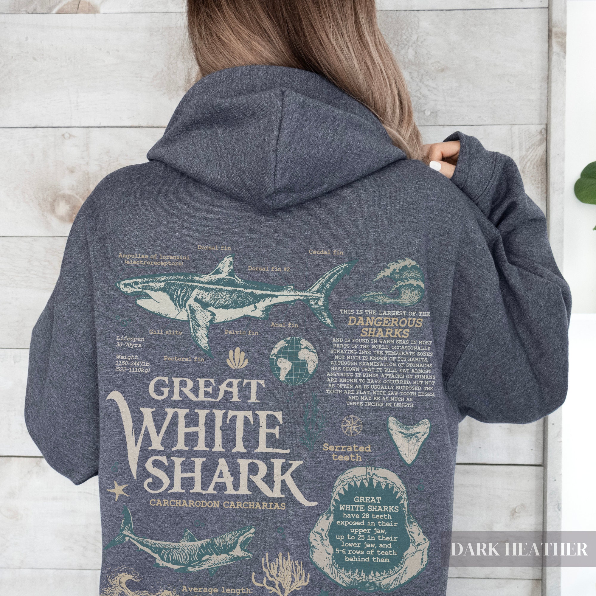 Retro Great White Shark Biology Hoodie | Vintage 90s Y2k