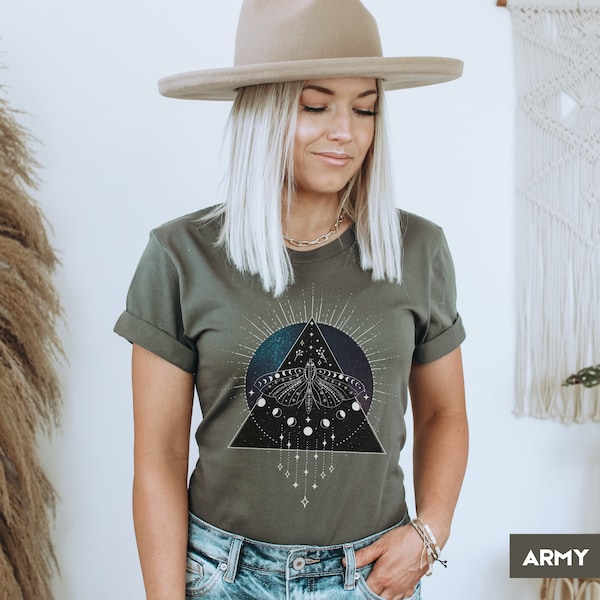 Moth Celestial Moon Phase and Stars TShirt | Gift For Nature, Wildlife, Butterfly, Night Lover | Cottagecore, Witchy, Spiritual Tee Shirt