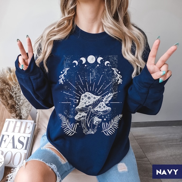 Mushroom Fungi Celestial Moon Phases Crewneck Sweatshirt | Cottagecore Clothing | Vintage Retro Tee | PNW | Gift For Hippie, Mystical Nature