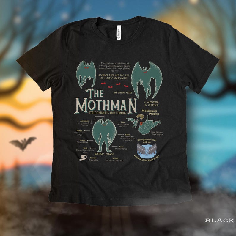 May include: Black t-shirt with a graphic of the Mothman, a cryptid from West Virginia folklore. The graphic includes a detailed illustration of the creature, its physical characteristics, and its origins. The text reads "The Mothman, Strigomantis Nocturnus, The Silent Flyer, A Harbinger of Disaster, Mothman's Origins".