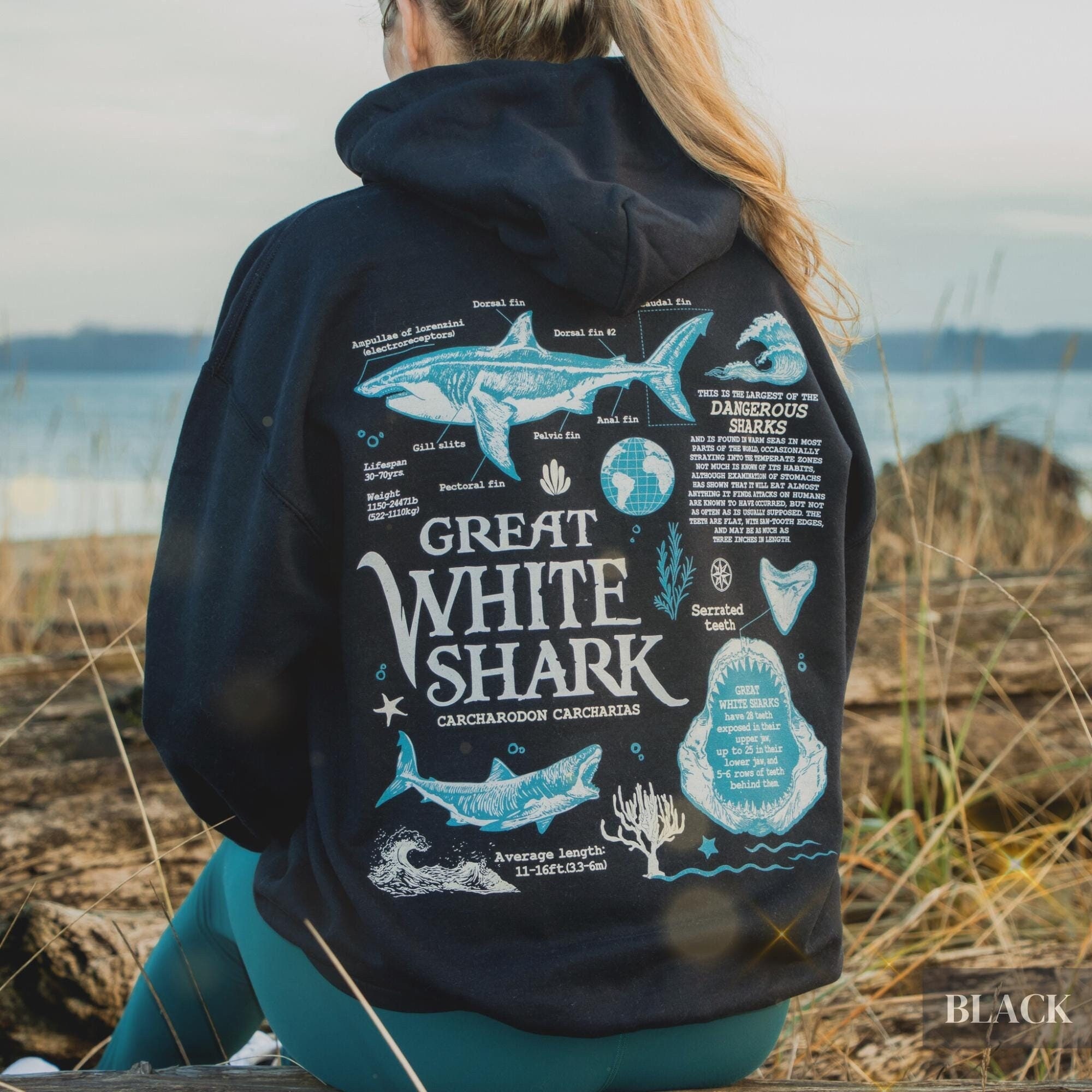 Retro Great White Shark Biology Hoodie | Vintage 90s Y2k
