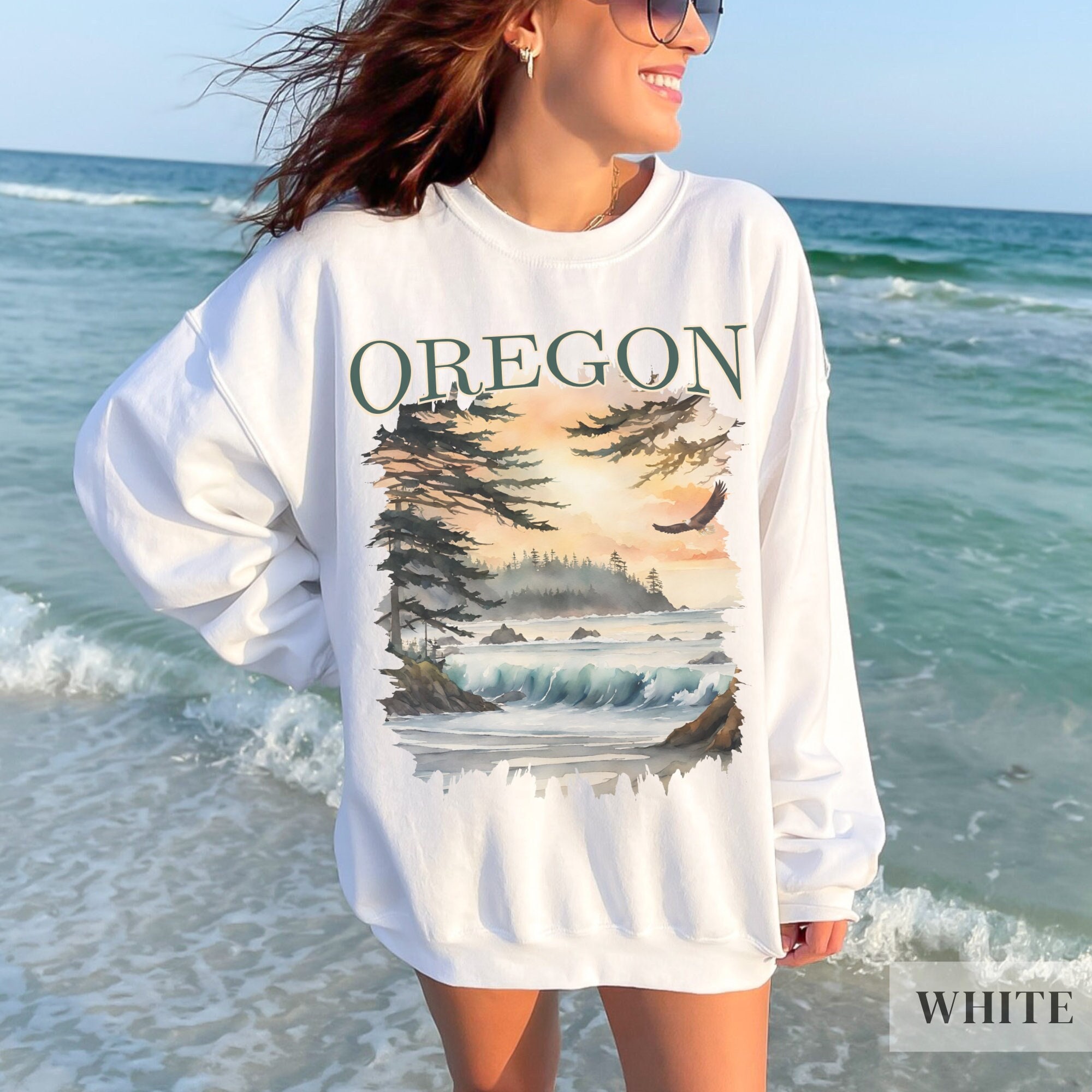 Oregon State Pacific Northwest Sweatshirt | Gift For Hiker/Camper | PNW Outdoor Adventure Beach Pullover | Ocean Trees Bald Eagle Sweater