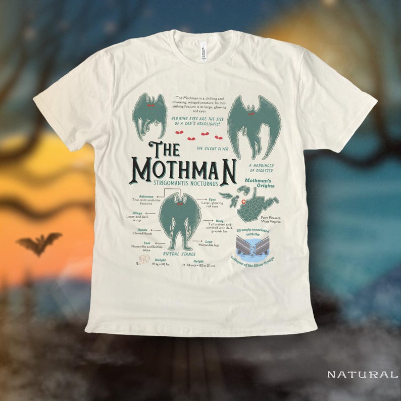 Retro natural colored t-shirt features a detailed, vintage-style diagram of the Mothman cryptid. Labels point to wings, eyes, body, and bipedal stance, with text like "The Mothman," "Strigomantis Nocturnus," and "A Harbinger of Disaster."
