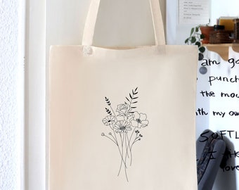 Wildblumen Tragetasche "Line Art" handbemalt | Stoffbeutel lange Henkel & 100% Baumwolle | Jutebeutel Tote Bag | Blumen Motiv Blumenstrauß