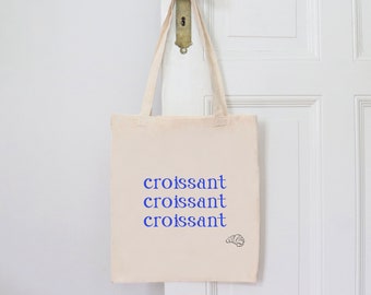 Croissant Tragetasche Frankreich | Stoffbeutel mit langen Henkeln | Baumwolle Jutebeutel Einkaufstasche | Blauer Croissant Schriftzug
