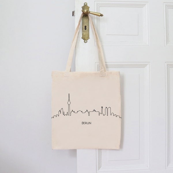 Handbemalte "Berlin" Skyline Tragetasche mit langen Henkeln | Berlin Silhouette Tasche handbemalt |  Umhängetasche Jutebeutel Berlin