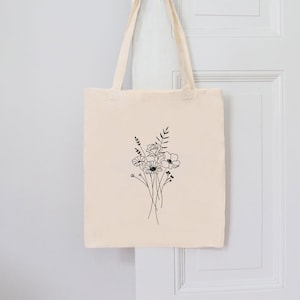 Wildblumen Tragetasche handbemalt | Nachhaltiger Stoffbeutel aus 100% Baumwolle | Jutebeutel Wildblumen | Geschenk Blumenstrauß