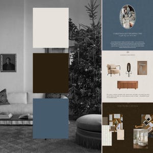 May include: A monochromatic interior design scene with a Christmas tree, a sofa, and a color palette of white, brown, and blue. The image also includes text that reads "Christmas Gift Wrapping Tips" and "Holiday Favorites."