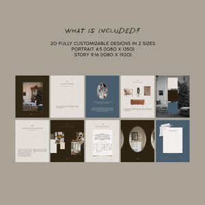 May include: A collection of design templates with various layouts and images. The text "WHAT IS INCLUDED?" is at the top, followed by details about the designs and sizes. The templates feature interior design elements.