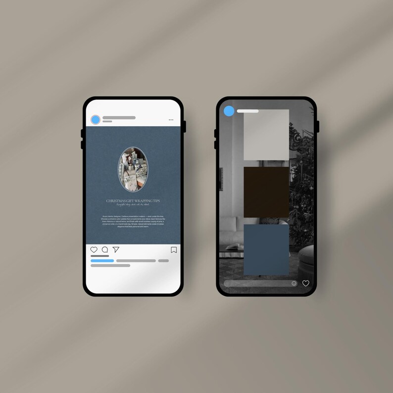 May include: Two smartphones displaying content. The left phone shows a blue background with an oval image and text that reads "CHRISTMAS GIFT WRAPPING TIPS". The right phone displays a color palette.