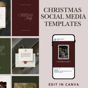 May include: Christmas social media templates in burgundy and green. The templates include elegant fonts and designs. One template shows a phone with a photo and the text "Edit in Canva".