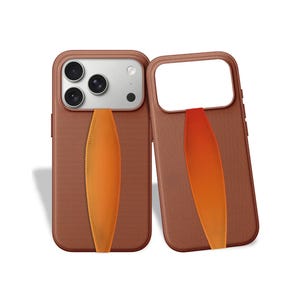 May include: Two brown phone cases with an orange strap. The cases have a textured surface and a camera cutout. One case has a camera module, and the other has a blank space.