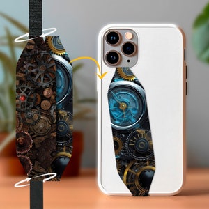 May include: A white phone case with a colorful design of gears and clock faces. The design features gold, blue, and black colors. The case is attached to a phone strap with the same design.