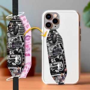 May include: A black and white phone case featuring a collage of images and text, including the words "Taylor Swift" and "reputation".