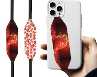Switchbands Phone Grip Strap, Slim Reversible Hand Strap, Adhesive-Free Finger Holder, Anti-Drop, Wireless Charging Safe-Strawberry Rain