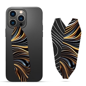Puede incluir: Una funda de teléfono negra con un diseño abstracto dorado y negro. El diseño presenta líneas y curvas que se arremolinan.