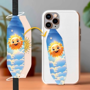 May include: A phone case with a blue and white design featuring a smiling sun with clouds. The case has a strap that can be attached to a phone or a bag.