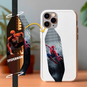 May include: A black phone case with a Spiderman graphic. The case has a strap attached to it. The strap is black with a red and black Spiderman graphic.