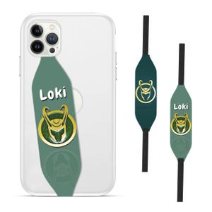 May include: Clear phone case with a green strap featuring the word "Loki" and a gold emblem. Two additional green straps with the same design are also shown. The straps have black cords.