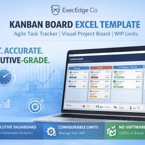 May include: A laptop displays a Kanban board Excel template, with the text "KANBAN BOARD EXCEL TEMPLATE" and "Agile Task Tracker". The screen shows a task management layout with columns for "Packing", "To Do", "In Progress / Review", and "Done". The image also includes the text "FAST. ACCURATE. EXECUTIVE-GRADE."