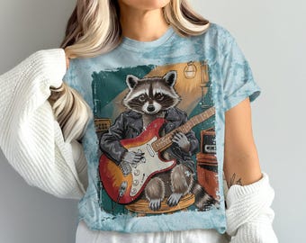 Camiseta de mapache tocando guitarra eléctrica, linda camiseta con gráfico de mapache rockero, regalo para amantes de la música salvaje, camiseta de miembro de banda animal