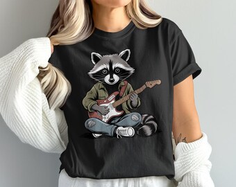 Maglietta chitarrista procione, maglietta musicale con animali, divertente procione rocker, maglietta con grafica accattivante, maglietta con cartone animato unica, maglietta rock and roll