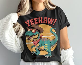 Yeehaw Dinosaur T Shirt, Cowboy Dino Tee, Western T Rex Shirt, Funny Rodeo Shirt, Cute Dinosaur T Shirt, Graphic Tee for Kids and Adults