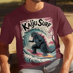 Kaiju Surf Shirt, Monster Surfing Tee, Godzilla T-Shirt, Vintage Surf Art, Retro Beach Graphic Tee, Unique Summer Shirt