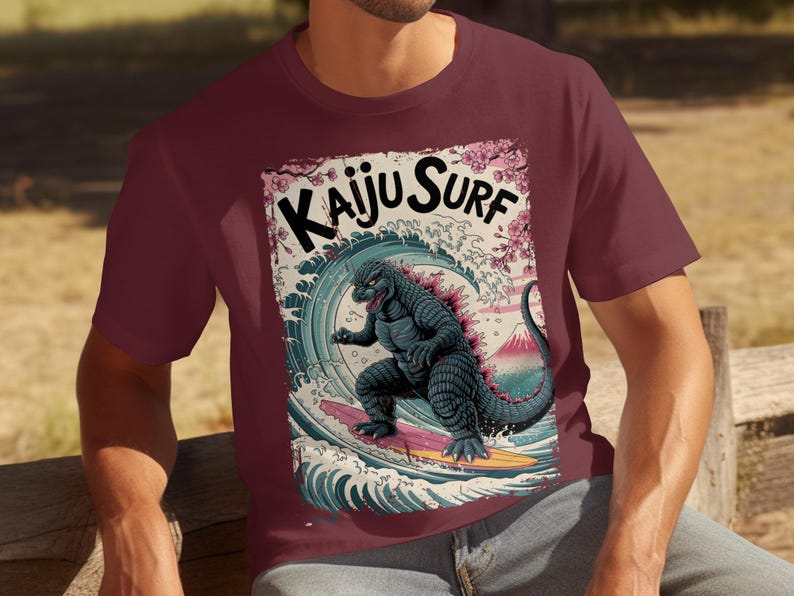 Kaiju Surf Shirt, Monster Surfing Tee, Godzilla T-Shirt, Vintage Surf Art, Retro Beach Graphic Tee, Unique Summer Shirt