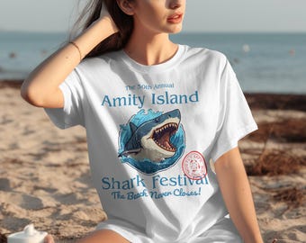Amity Island Shark Festival T-Shirt, 50th Annual Amity Island Shark Festival Shirt, Mostly Safe Since 1975 Tee, Beach Never Closes T-Shirt