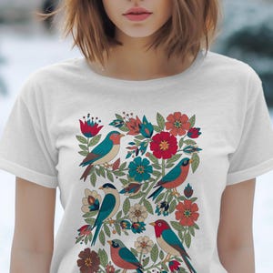 Bird and Floral Graphic Tee, Nature Inspired T-Shirt, Art Print Shirt, Colorful Wildlife Design, Unique Gift Idea for Bird Lovers