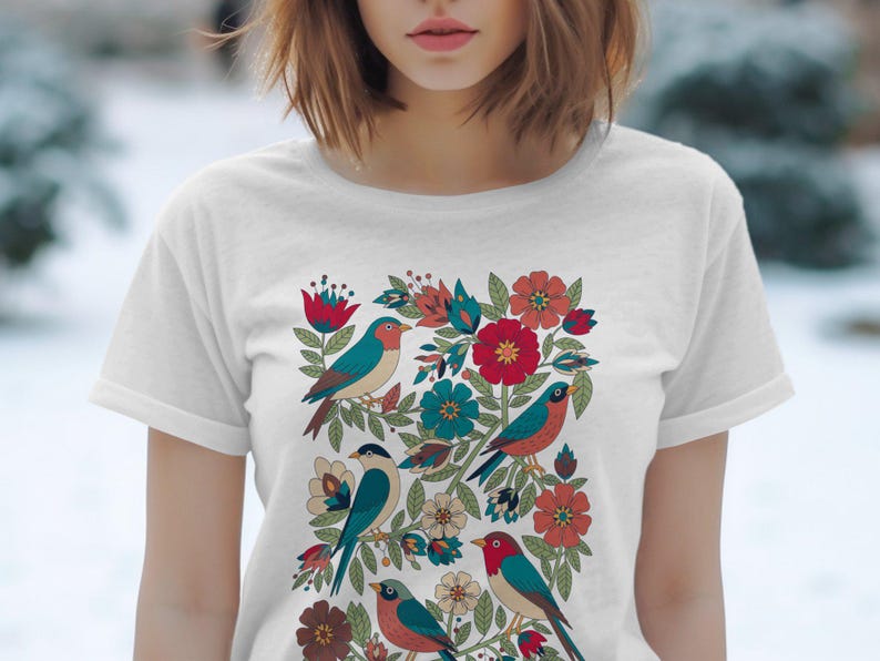 Bird and Floral Graphic Tee, Nature Inspired T-Shirt, Art Print Shirt, Colorful Wildlife Design, Unique Gift Idea for Bird Lovers