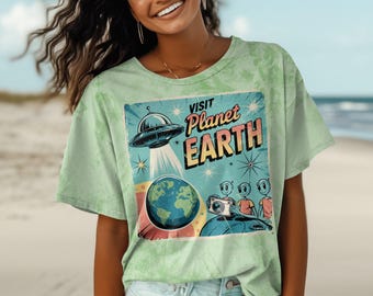 Divertida camiseta vintage de extraterrestre con visita al planeta Tierra, camiseta retro con gráfico espacial OVNI, camiseta genial de ciencia ficción para amantes de los extraterrestres.